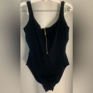 Pacific Connections Plus Size Black One Piece Swim Suit, Gold Zip Front; Size 16